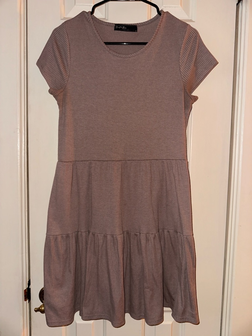 Ribbed Short-Sleeve Mini Dress in Mauve